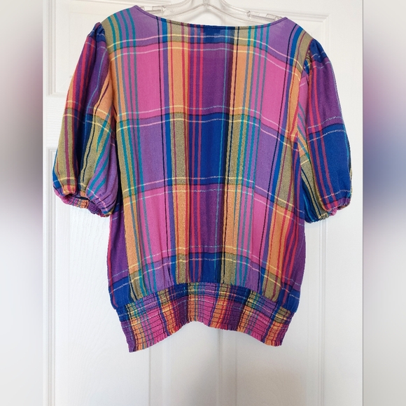 Ann Taylor Womans SZ XL Cinch Bottom Waiste Pastel Plaid Cinch Sleeve Blouse - Picture 6 of 9